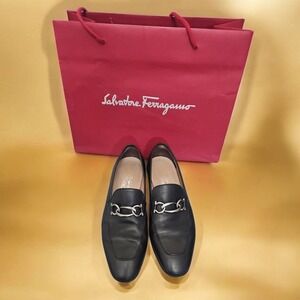 Salvatore Ferragamo Gancini Bit Loafers Black Leather 9.5 EE Made In Italy‎